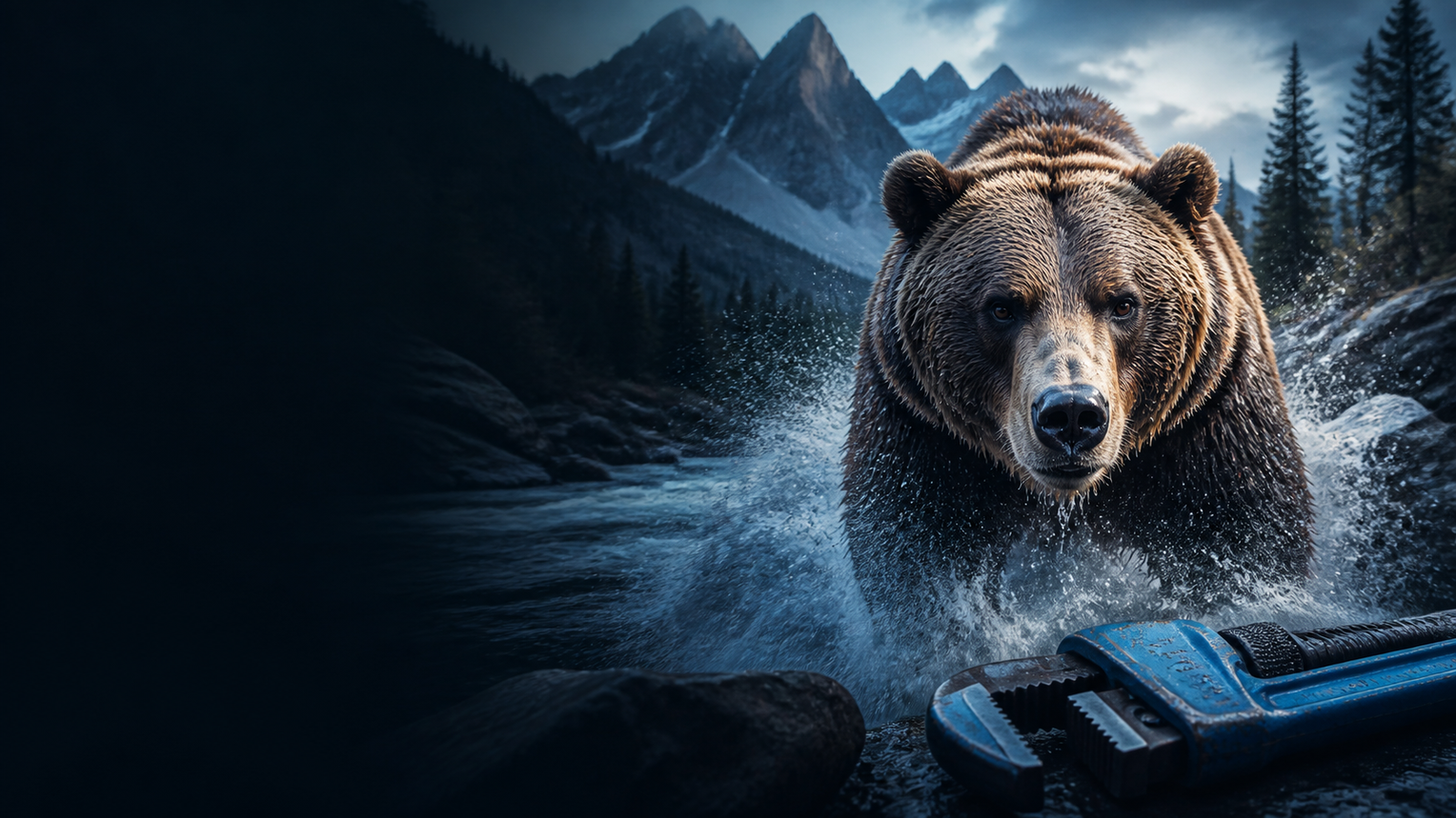 Grizzly bear emerging from a mountain river in the Bear River Plumbing service region